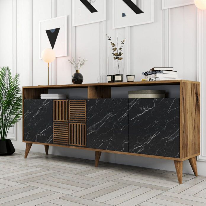 Comoda Model Milan, Nuc/Negru marmorat, 180x35x78.6 cm Comoda Model Milan, Nuc/Negru marmorat, 180x35x78.6 cm