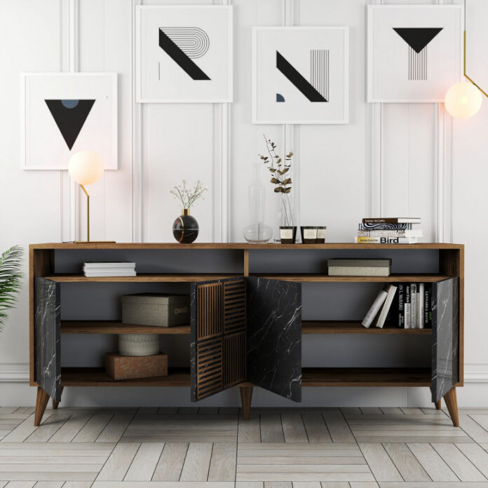 Comoda Model Milan, Nuc/Negru marmorat, 180x35x78.6 cm Comoda Model Milan, Nuc/Negru marmorat, 180x35x78.6 cm