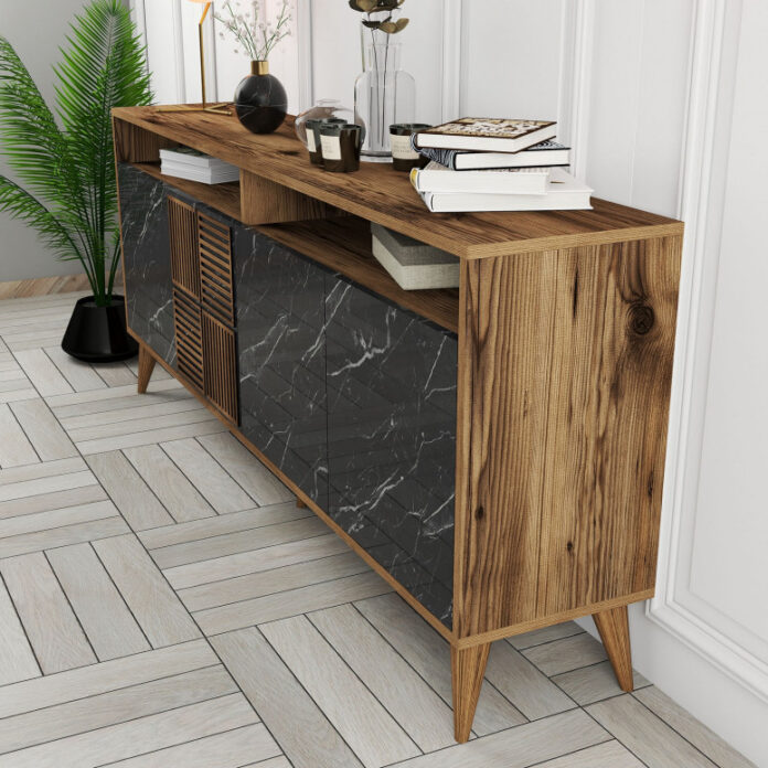 Comoda Model Milan, Nuc/Negru marmorat, 180x35x78.6 cm Comoda Model Milan, Nuc/Negru marmorat, 180x35x78.6 cm