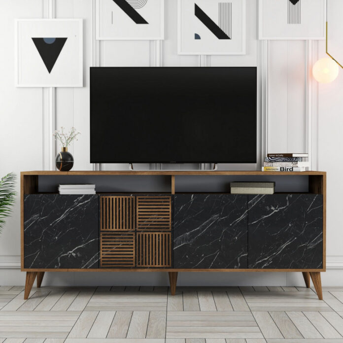 Comoda Model Milan, Nuc/Negru marmorat, 180x35x78.6 cm Comoda Model Milan, Nuc/Negru marmorat, 180x35x78.6 cm