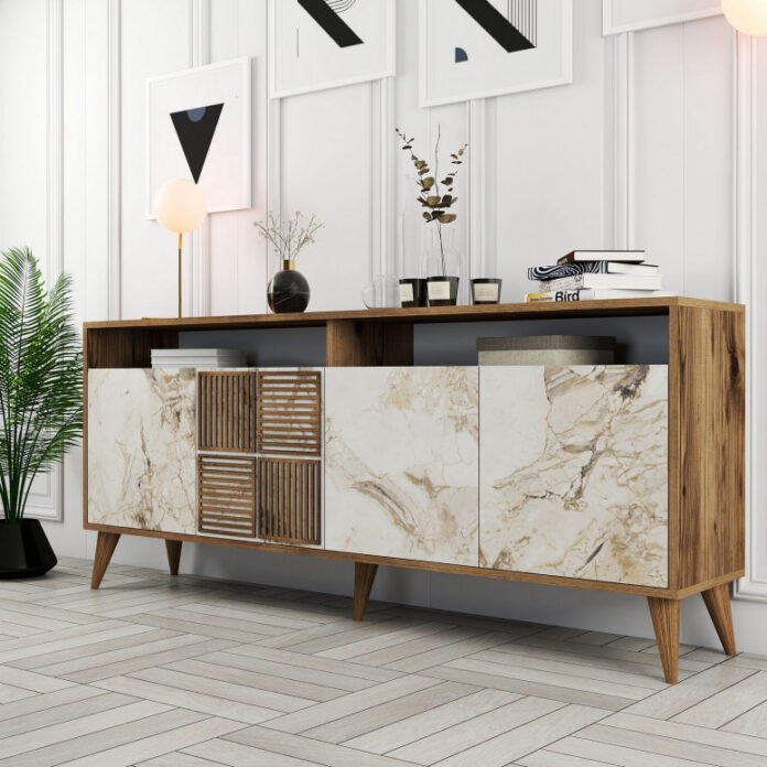 Comoda Model Milan V1, Nuc/Alb, 180x35x78.6 cm Comoda Model Milan V1, Nuc/Alb, 180x35x78.6 cm