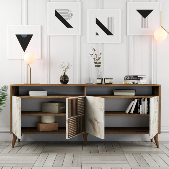 Comoda Model Milan V1, Nuc/Alb, 180x35x78.6 cm Comoda Model Milan V1, Nuc/Alb, 180x35x78.6 cm
