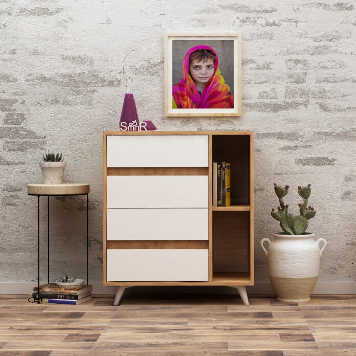 Comoda Model Tsela, Stejar/Alb, 70x40x86 cm Comoda Model Tsela, Stejar/Alb, 70x40x86 cm