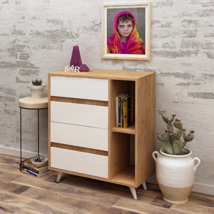 Comoda Model Tsela, Stejar/Alb, 70x40x86 cm Comoda Model Tsela, Stejar/Alb, 70x40x86 cm