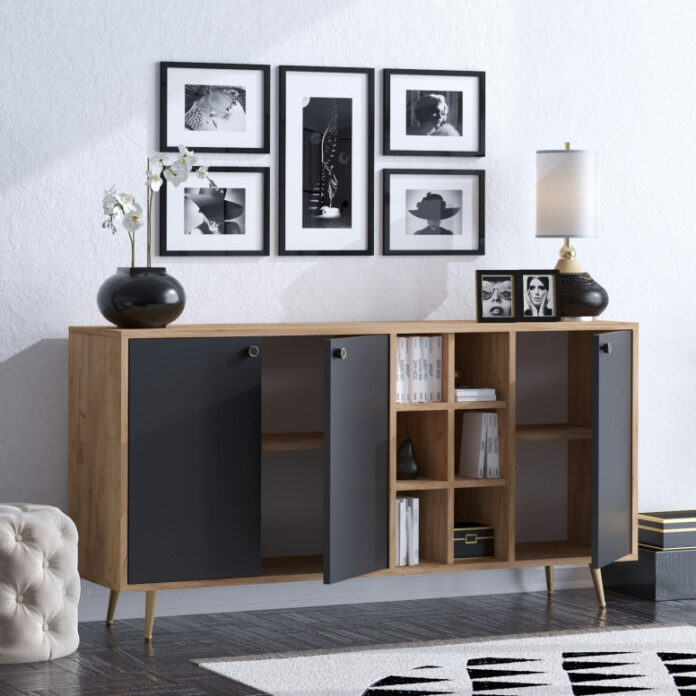 Comoda Model Veit, Stejar/Negru, 140x40x89 cm