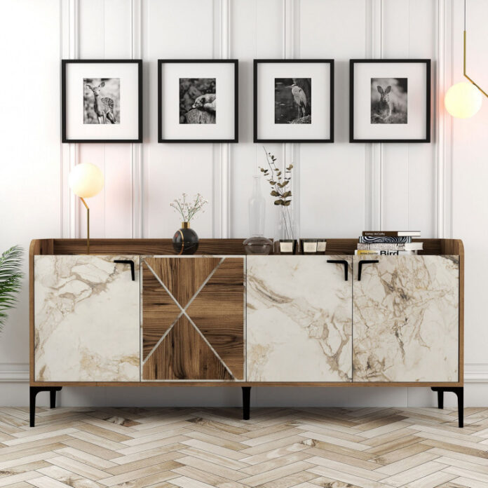 Comoda Model Venedik, Nuc/Alb marmorat, 180x35x78 cm Comoda Model Venedik, Nuc/Alb marmorat, 180x35x78 cm