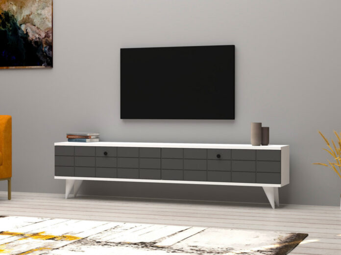 Comoda TV Salvador, Model Alberi, 160x35x25 cm, Antracit/Alb Comoda TV Salvador, Model Alberi, 160x35x25 cm, Antracit/Alb