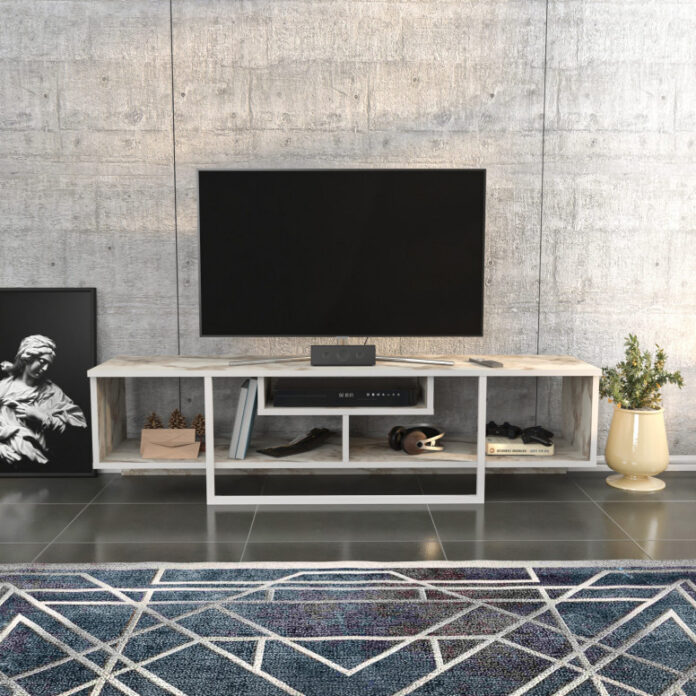 Comoda TV Salvador, Model Asal, 150x40x35.2 cm, Alb/Alb marmorat Comoda TV Salvador, Model Asal, 150x40x35.2 cm, Alb/Alb marmorat