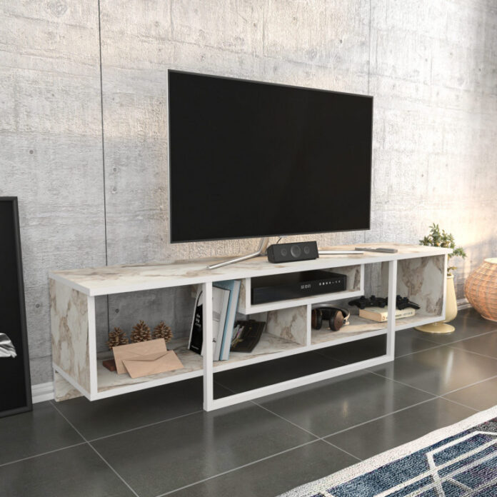 Comoda TV Salvador, Model Asal, 150x40x35.2 cm, Alb/Alb marmorat Comoda TV Salvador, Model Asal, 150x40x35.2 cm, Alb/Alb marmorat
