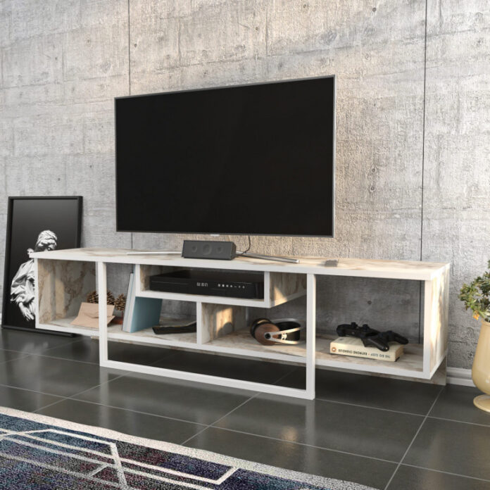 Comoda TV Salvador, Model Asal, 150x40x35.2 cm, Alb/Alb marmorat Comoda TV Salvador, Model Asal, 150x40x35.2 cm, Alb/Alb marmorat
