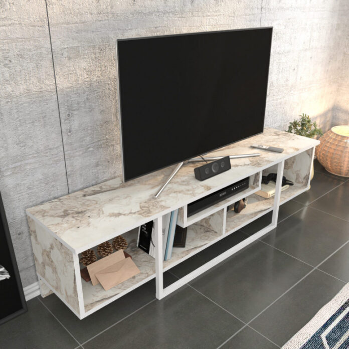 Comoda TV Salvador, Model Asal, 150x40x35.2 cm, Alb/Alb marmorat Comoda TV Salvador, Model Asal, 150x40x35.2 cm, Alb/Alb marmorat