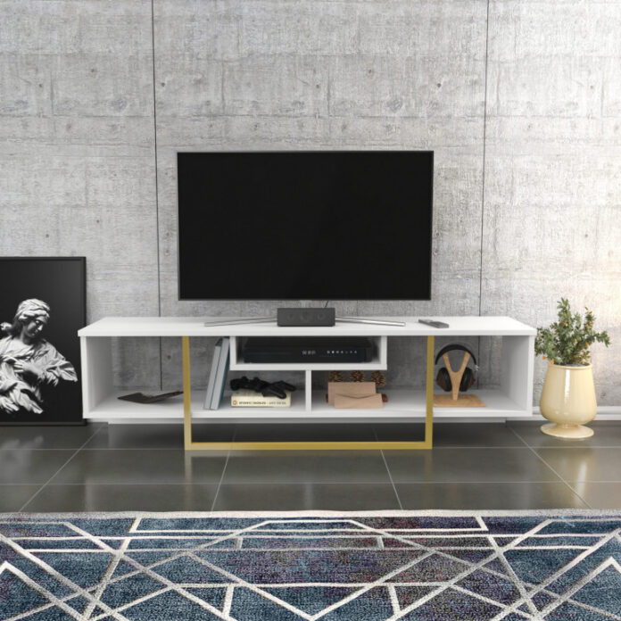 Comoda TV Salvador, Model Asal, 150x40x35.2 cm, Alb/Auriu Comoda TV Salvador, Model Asal, 150x40x35.2 cm, Alb/Auriu