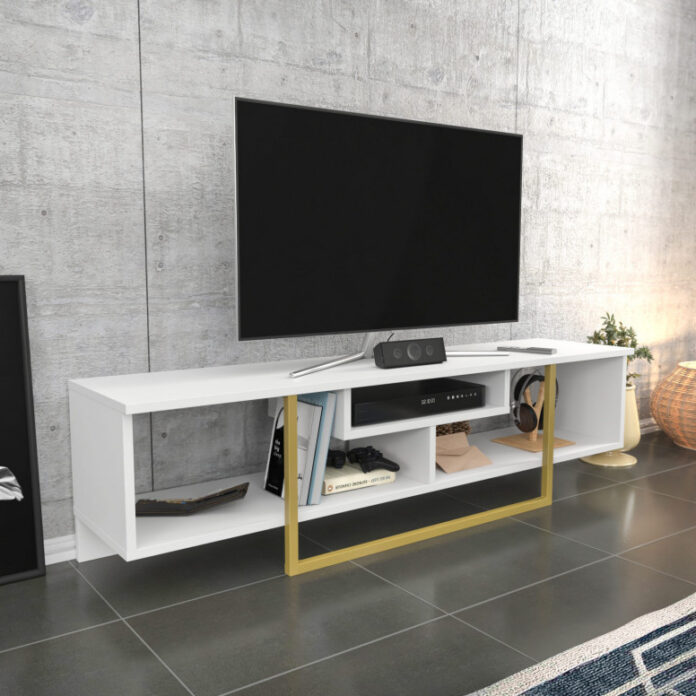 Comoda TV Salvador, Model Asal, 150x40x35.2 cm, Alb/Auriu Comoda TV Salvador, Model Asal, 150x40x35.2 cm, Alb/Auriu