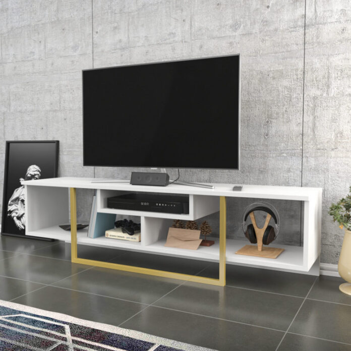 Comoda TV Salvador, Model Asal, 150x40x35.2 cm, Alb/Auriu Comoda TV Salvador, Model Asal, 150x40x35.2 cm, Alb/Auriu