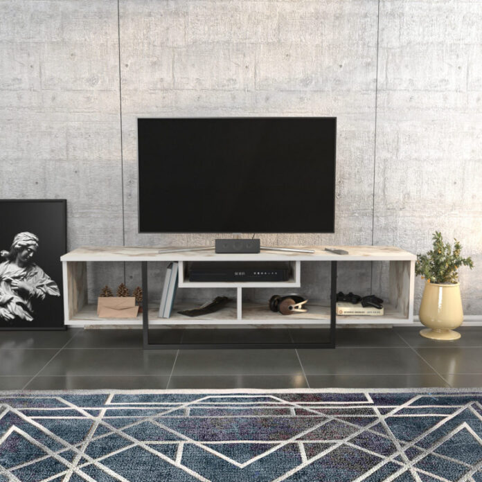 Comoda TV Salvador, Model Asal, 150x40x35.2 cm, Negru/Alb marmorat Comoda TV Salvador, Model Asal, 150x40x35.2 cm, Negru/Alb marmorat