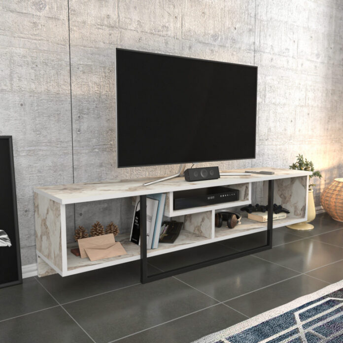 Comoda TV Salvador, Model Asal, 150x40x35.2 cm, Negru/Alb marmorat Comoda TV Salvador, Model Asal, 150x40x35.2 cm, Negru/Alb marmorat