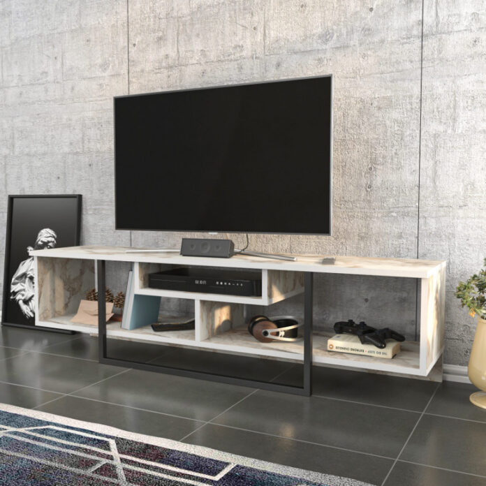 Comoda TV Salvador, Model Asal, 150x40x35.2 cm, Negru/Alb marmorat Comoda TV Salvador, Model Asal, 150x40x35.2 cm, Negru/Alb marmorat