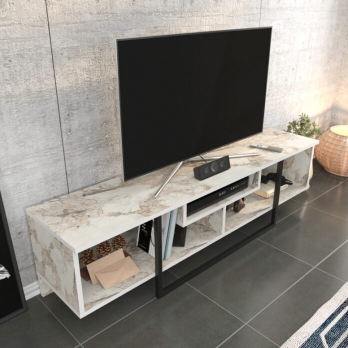 Comoda TV Salvador, Model Asal, 150x40x35.2 cm, Negru/Alb marmorat Comoda TV Salvador, Model Asal, 150x40x35.2 cm, Negru/Alb marmorat