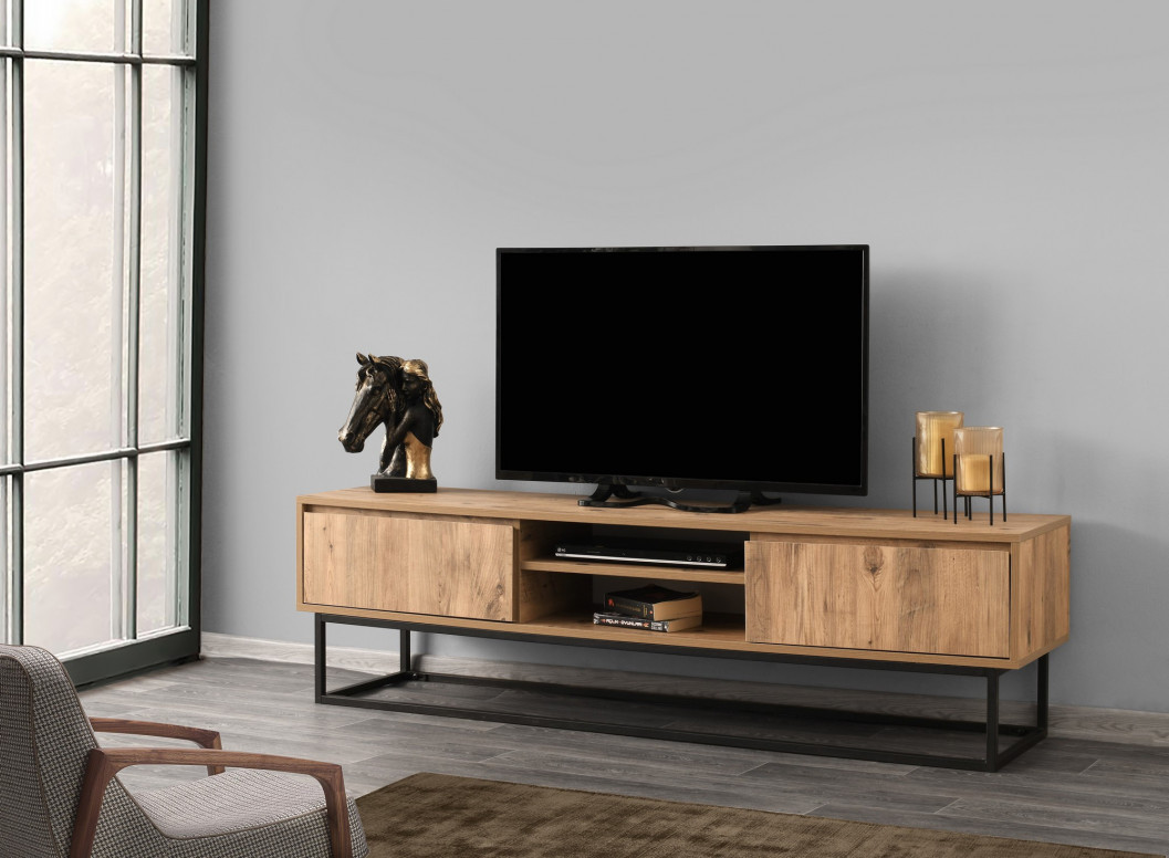 Comoda TV Salvador, Model Belinda, 180x50x40 cm, Negru/Pin Comoda TV Salvador, Model Belinda, 180x50x40 cm, Negru/Pin