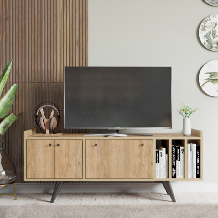 Comoda TV Salvador, Model Brukge, 150x56x40 cm, Stejar Comoda TV Salvador, Model Brukge, 150x56x40 cm, Stejar