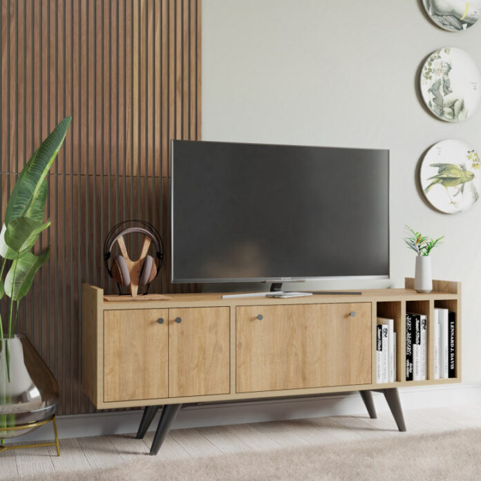 Comoda TV Salvador, Model Brukge, 150x56x40 cm, Stejar Comoda TV Salvador, Model Brukge, 150x56x40 cm, Stejar
