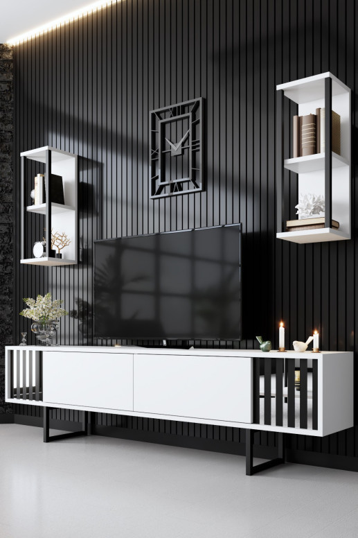 Comoda TV Salvador, Model Chrome, 180x48x30 cm, Alb/Negru Comoda TV Salvador, Model Chrome, 180x48x30 cm, Alb/Negru