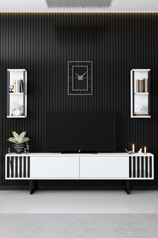 Comoda TV Salvador, Model Chrome, 180x48x30 cm, Alb/Negru Comoda TV Salvador, Model Chrome, 180x48x30 cm, Alb/Negru