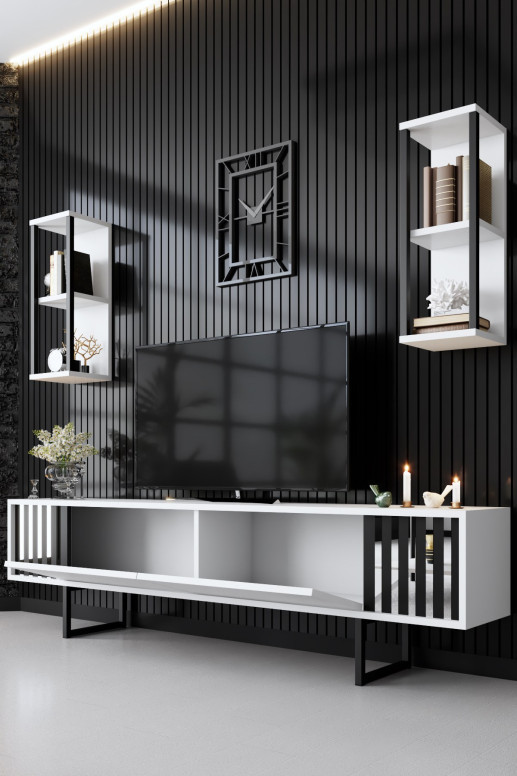 Comoda TV Salvador, Model Chrome, 180x48x30 cm, Alb/Negru Comoda TV Salvador, Model Chrome, 180x48x30 cm, Alb/Negru