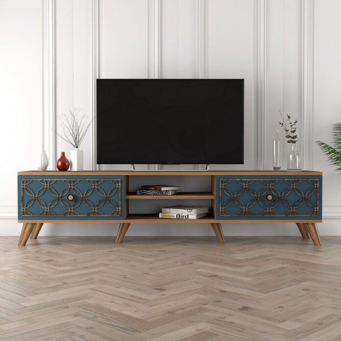 Comoda TV Salvador, Model Class, 180x44x35 cm, Nuc/Albastru cenusiu Comoda TV Salvador, Model Class, 180x44x35 cm, Nuc/Albastru cenusiu