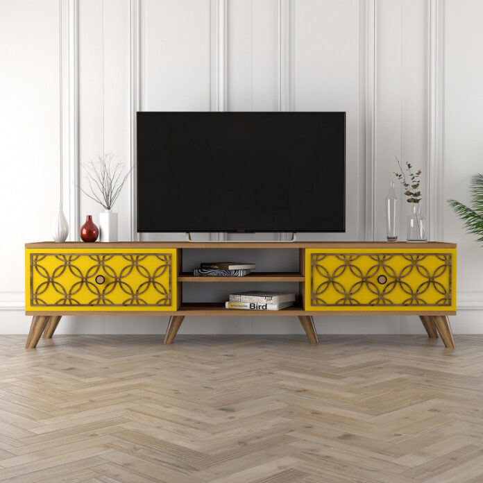 Comoda TV Salvador, Model Class, 180x44x35 cm, Nuc/Galben Comoda TV Salvador, Model Class, 180x44x35 cm, Nuc/Galben