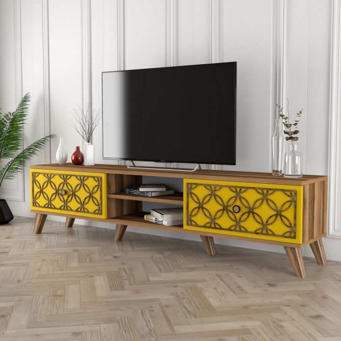 Comoda TV Salvador, Model Class, 180x44x35 cm, Nuc/Galben Comoda TV Salvador, Model Class, 180x44x35 cm, Nuc/Galben
