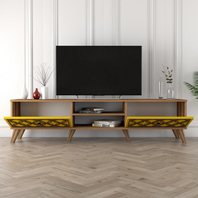 Comoda TV Salvador, Model Class, 180x44x35 cm, Nuc/Galben Comoda TV Salvador, Model Class, 180x44x35 cm, Nuc/Galben