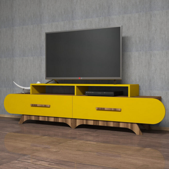 Comoda TV Salvador, Model Flora, 205x50x36.8 cm, Nuc/Galben Comoda TV Salvador, Model Flora, 205x50x36.8 cm, Nuc/Galben
