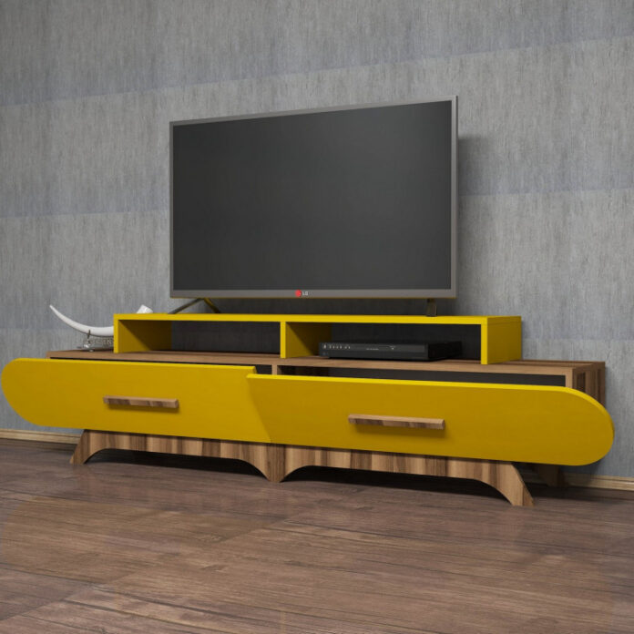 Comoda TV Salvador, Model Flora, 205x50x36.8 cm, Nuc/Galben Comoda TV Salvador, Model Flora, 205x50x36.8 cm, Nuc/Galben