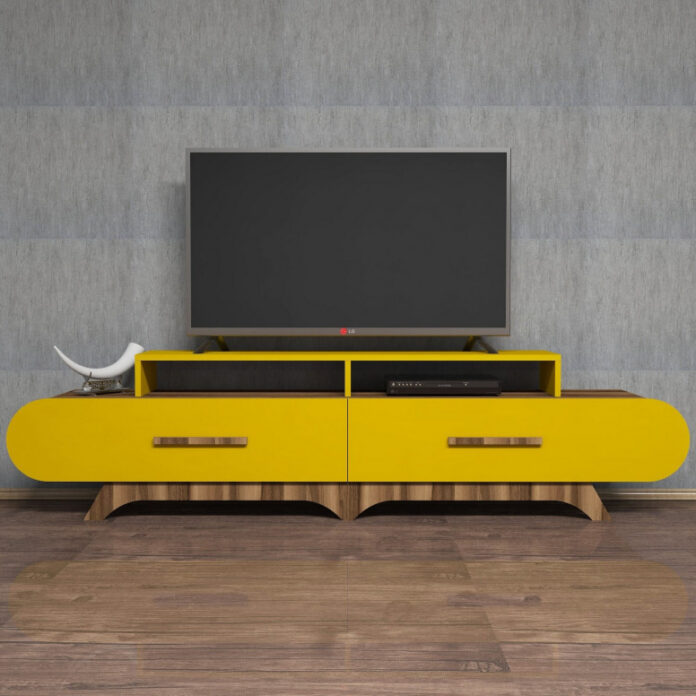 Comoda TV Salvador, Model Flora, 205x50x36.8 cm, Nuc/Galben Comoda TV Salvador, Model Flora, 205x50x36.8 cm, Nuc/Galben