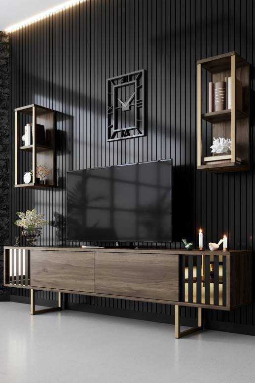 Comoda TV Salvador, Model Gold, 180x48x30 cm, Nuc/Negru Comoda TV Salvador, Model Gold, 180x48x30 cm, Nuc/Negru