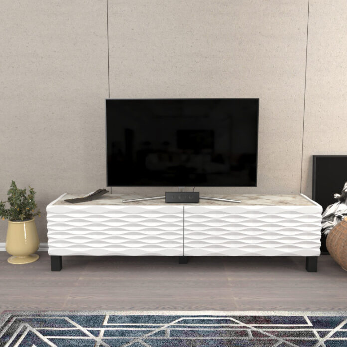Comoda TV Salvador, Model Lerze, 149.2x38x35 cm, Alb/Alb marmorat Comoda TV Salvador, Model Lerze, 149.2x38x35 cm, Alb/Alb marmorat