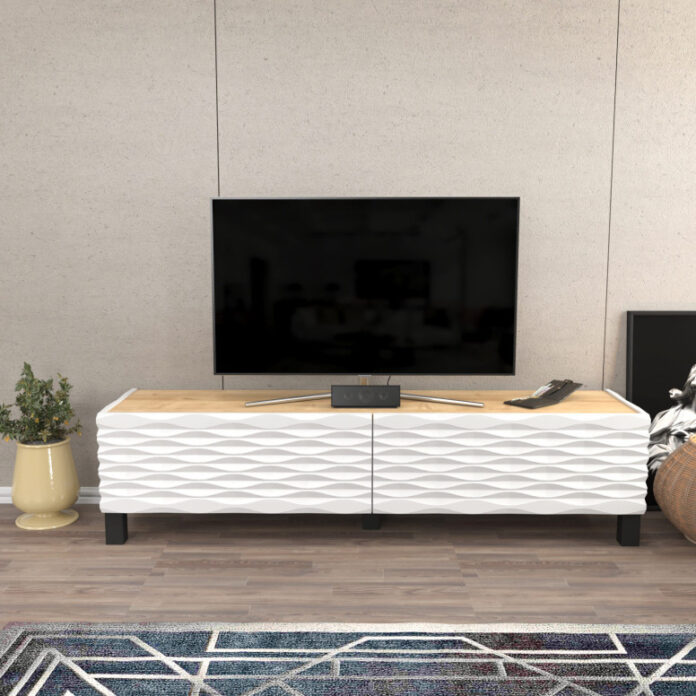 Comoda TV Salvador, Model Lerze, 149.2x38x35 cm, Stejar safir/Alb Comoda TV Salvador, Model Lerze, 149.2x38x35 cm, Stejar safir/Alb