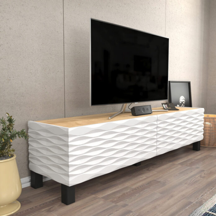 Comoda TV Salvador, Model Lerze, 149.2x38x35 cm, Stejar safir/Alb Comoda TV Salvador, Model Lerze, 149.2x38x35 cm, Stejar safir/Alb