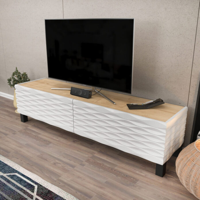 Comoda TV Salvador, Model Lerze, 149.2x38x35 cm, Stejar safir/Alb Comoda TV Salvador, Model Lerze, 149.2x38x35 cm, Stejar safir/Alb