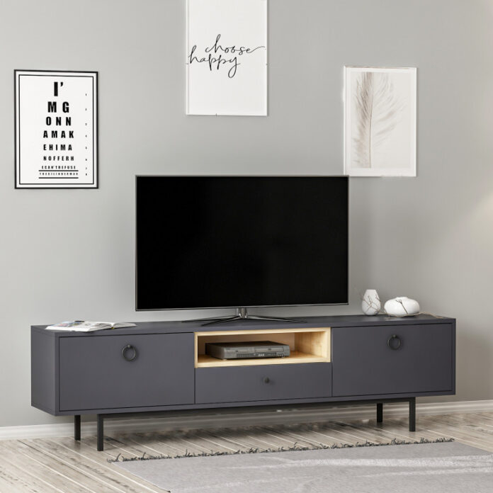 Comoda TV Salvador, Model Naturel, 180x48x35 cm, Antracit Comoda TV Salvador, Model Naturel, 180x48x35 cm, Antracit