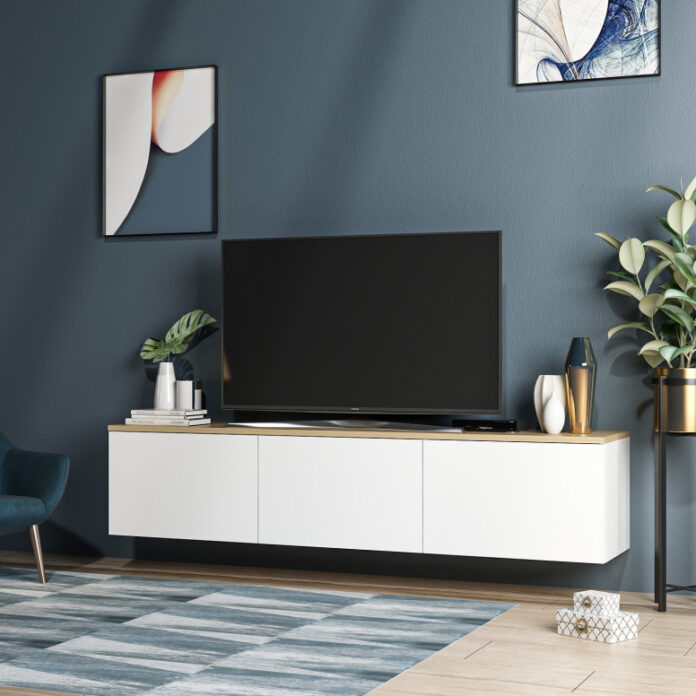 Comoda TV Salvador, Model Neon, 160x35x32 cm, Alb/Stejar