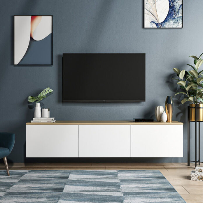Comoda TV Salvador, Model Neon, 160x35x32 cm, Alb/Stejar