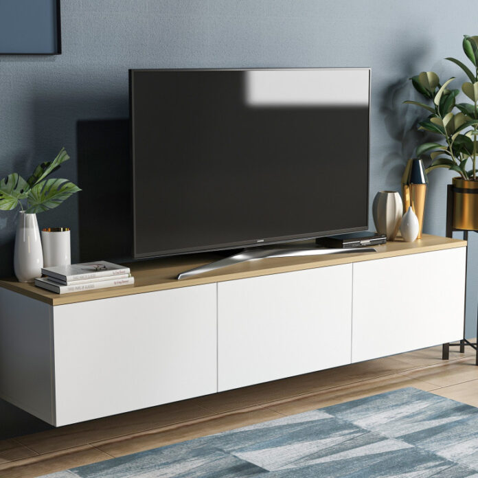 Comoda TV Salvador, Model Neon, 160x35x32 cm, Alb/Stejar Comoda TV Salvador, Model Neon, 160x35x32 cm, Alb/Stejar