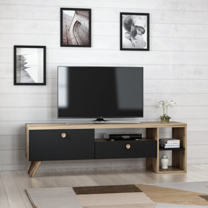 Comoda TV Salvador, Model Parion, 150x47x35 cm, Negru/Stejar Comoda TV Salvador, Model Parion, 150x47x35 cm, Negru/Stejar