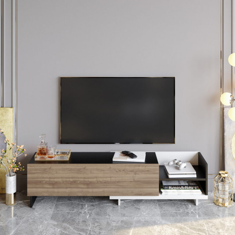 Comoda TV Salvador, Model Parion, 165x41x35 cm, Alb/Negru/Nuc