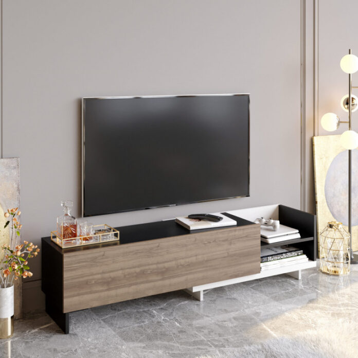 Comoda TV Salvador, Model Parion, 165x41x35 cm, Alb/Negru/Nuc Comoda TV Salvador, Model Parion, 165x41x35 cm, Alb/Negru/Nuc