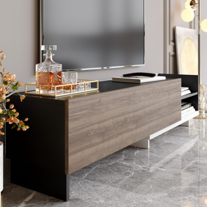 Comoda TV Salvador, Model Parion, 165x41x35 cm, Alb/Negru/Nuc Comoda TV Salvador, Model Parion, 165x41x35 cm, Alb/Negru/Nuc