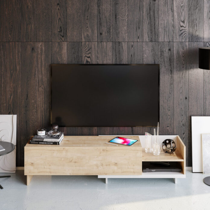 Comoda TV Salvador, Model Parion, 165x41x35 cm, Alb/Stejar safir Comoda TV Salvador, Model Parion, 165x41x35 cm, Alb/Stejar safir