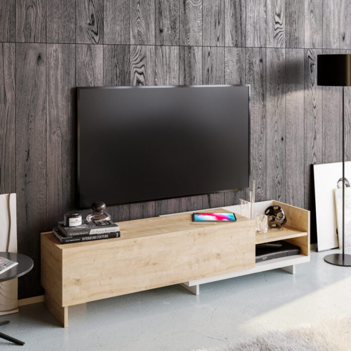 Comoda TV Salvador, Model Parion, 165x41x35 cm, Alb/Stejar safir Comoda TV Salvador, Model Parion, 165x41x35 cm, Alb/Stejar safir